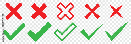 Tick and cross button. Check marks doodle set. Checkbox, checklist, tick and cross signs, v and x in sketch style. Confirm and deny line art colored icon for apps and websites. Vector illustration