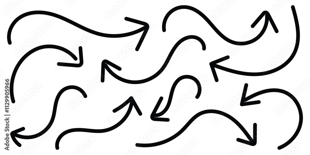 Set of simple lines hand drawn black arrows in various style. Hand drawn vector arrows doodle set on white background. Scribble swirl arrow signs. Curved cartoon arrows sketches. Vector illustration. Set of simple lines hand drawn black arrows in various style. Hand drawn vector arrows doodle set on white background. Scribble swirl arrow signs. Curved cartoon arrows sketches. Vector illustration.