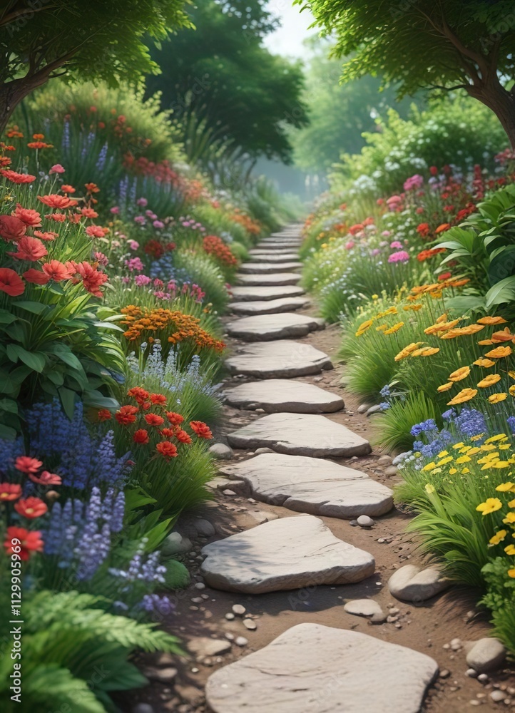 Winding stone path through lush greenery and vibrant flowers , flowers, sunlight Winding stone path through lush greenery and vibrant flowers , flowers, sunlight