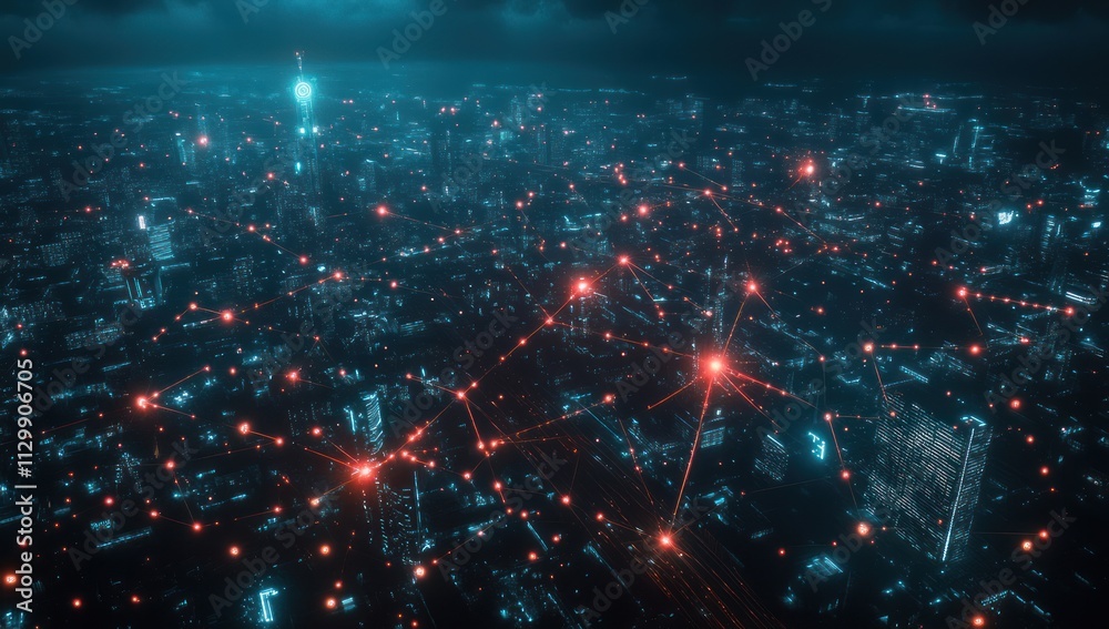 Cyberpunk Cityscape with Red Network Connections Cyberpunk Cityscape with Red Network Connections