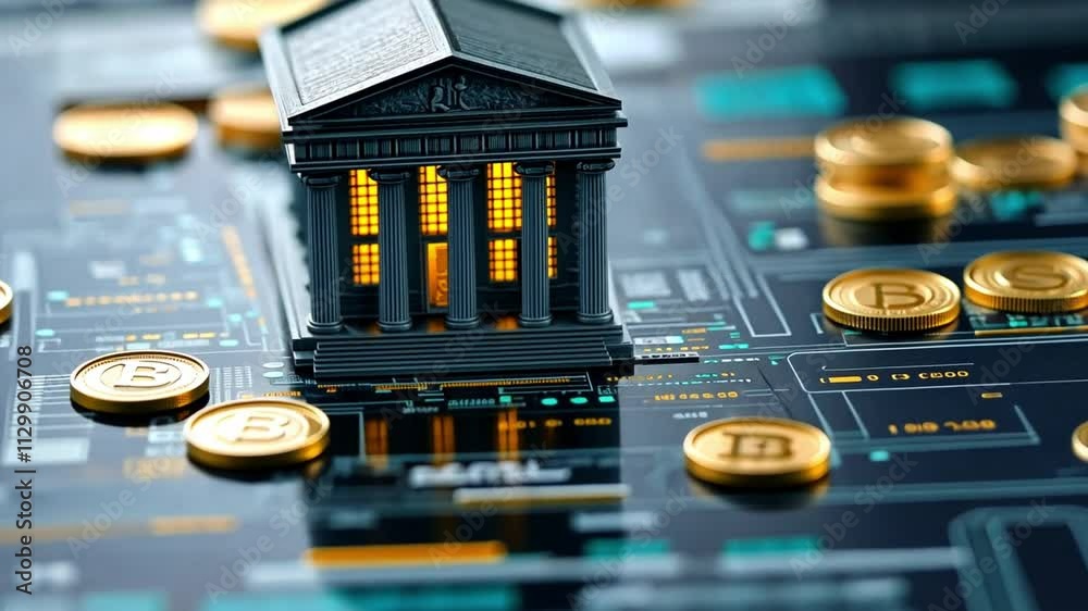 A miniature bank building surrounded by digital currency coins on a circuit board