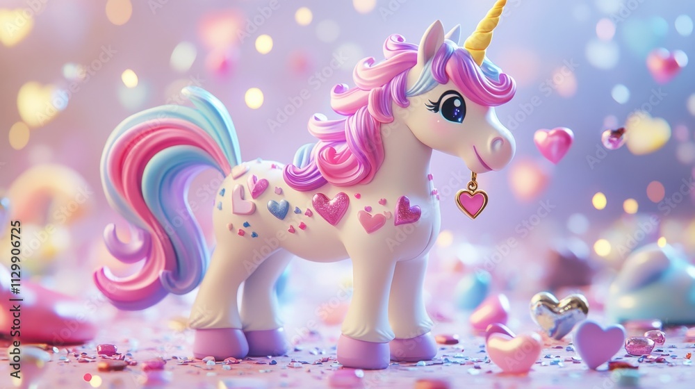Fototapeta premium Adorable Pastel Unicorn in a Whimsical Candyland Setting: A Magical Fairytale Scene with Hearts and Sprinkles
