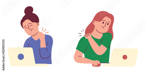 Woman has Neck and Shoulder Pain Symptom at Workplace