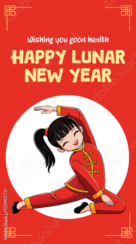 Mobile greeting card featuring a cute girl with a ponytail in a red Chinese cheongsam qipao performing a mermaid yoga stretch and tai chi pose, wishing a happy Lunar New Year and good health