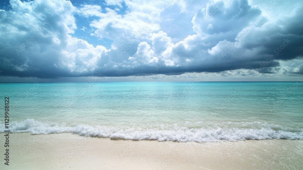 Serene Tropical Beach Scene Under a Cloudy Sky: Azure Waters Meeting Pristine White Sand Serene Tropical Beach Scene Under a Cloudy Sky: Azure Waters Meeting Pristine White Sand