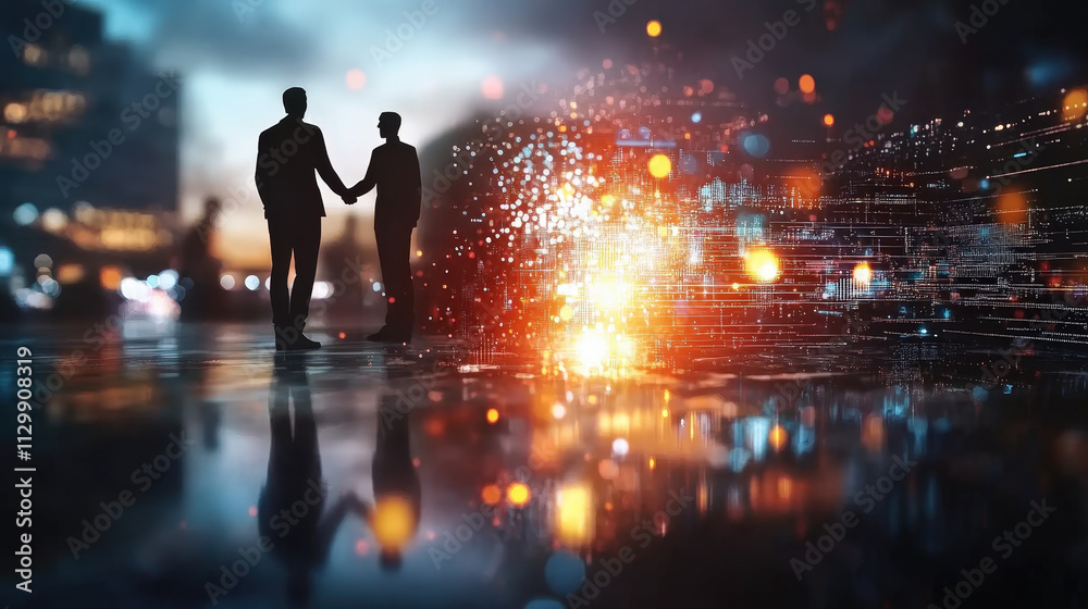 Business handshake over digital background, symbolizing partnership and collaboration. scene conveys sense of trust and innovation in modern environment Business handshake over digital background, symbolizing partnership and collaboration. scene conveys sense of trust and innovation in modern environment