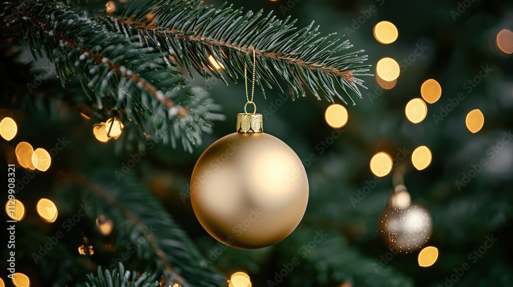 Close-up Christmas ornament hanging on pine tree branch. Golden sphere ornament. Sparkling holiday lights bokeh background. Festive Christmas photo. Elegant holiday decor. Holiday season. Winter