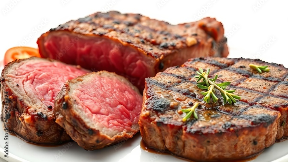 Juicy and succulent fried meat steak with crispy exterior, isolated on white background, dinner, white background Juicy and succulent fried meat steak with crispy exterior, isolated on white background, dinner, white background