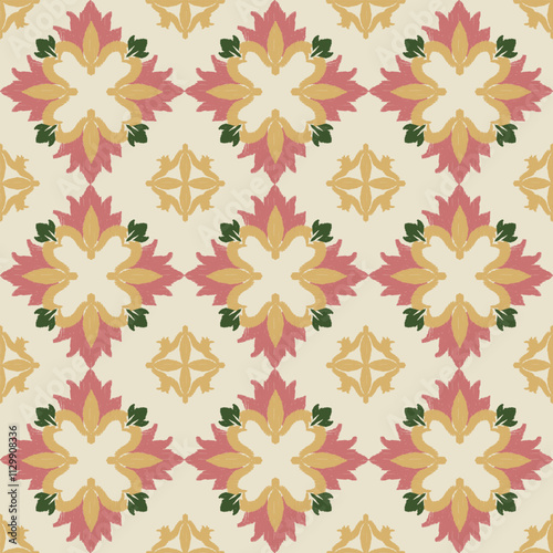 Red and orange embroidery, motif ethnic ikat seamless textile illustration, print striped ornament, pattern, design for wrapping, silk, scarf, clothing, background, textile, carpets, curtains.