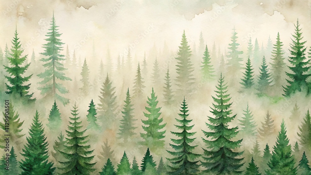 Fototapeta premium Serene Watercolor Painting of a Misty Evergreen Forest