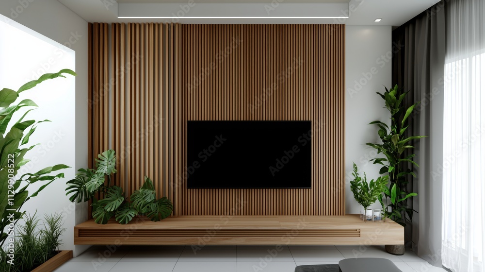 Modern TV unit with wooden slats and vibrant green plants Modern TV unit with wooden slats and vibrant green plants