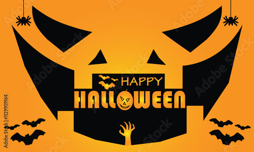 Halloween banner featuring an evil smiling pumpkin, zombie hand, spider, and bats. Flat vector design, ideal for decorations, posters, and Halloween-themed celebrations