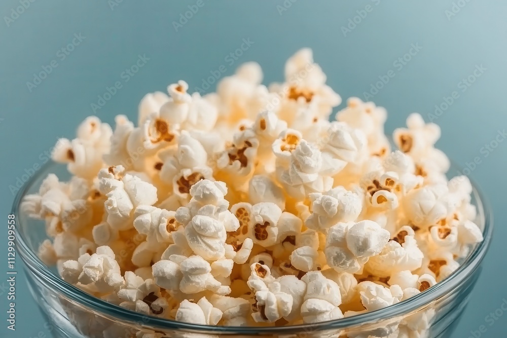 Freshly Popped Popcorn in a Clear Bowl with a Light Blue Background, Perfect for Movie Nights, Snack Time, or Celebrations, Offering a Tasty Crunch Experience Freshly Popped Popcorn in a Clear Bowl with a Light Blue Background, Perfect for Movie Nights, Snack Time, or Celebrations, Offering a Tasty Crunch Experience