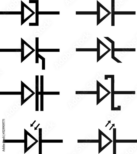set of diode symbols in clean black lines includes Rectifier, Zener, Light-Emitting (LED), Schottky, Varactor, Tunnel, Photo