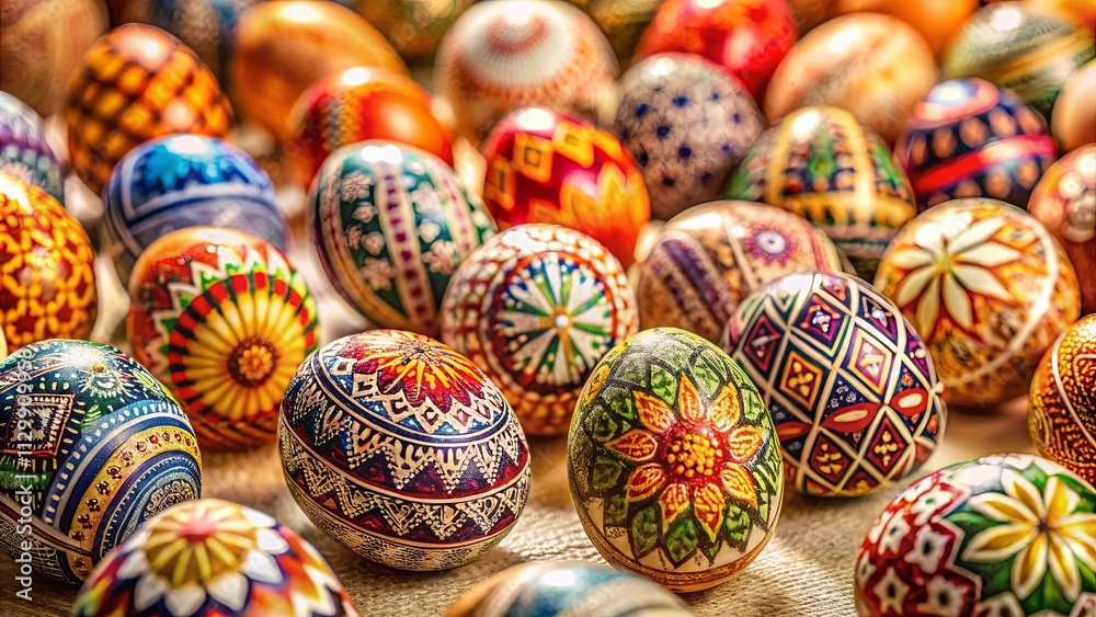 A vibrant collection of intricately decorated eggs, showcasing a dazzling array of colors and patterns.