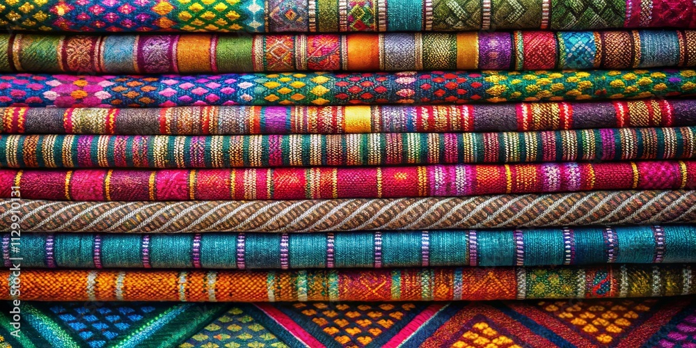 A vibrant stack of richly patterned textiles, showcasing a kaleidoscope of colors and intricate weaving techniques. A vibrant stack of richly patterned textiles, showcasing a kaleidoscope of colors and intricate weaving techniques.