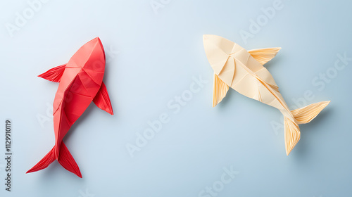 Delicate origami koi fish in red and gold on soft blue background