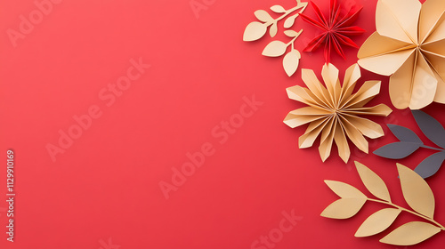 Festive origami flowers and leaves in rich red and gold colors