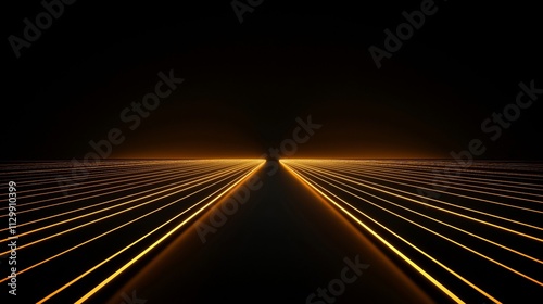 Abstract gold lines converging to vanishing point on black background.