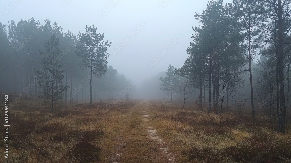Dense fog blankets the serene pine forest in the early morning light, casting a mystical aura across the winding path and surrounding trees, inviting exploration and wonder Dense fog blankets the serene pine forest in the early morning light, casting a mystical aura across the winding path and surrounding trees, inviting exploration and wonder