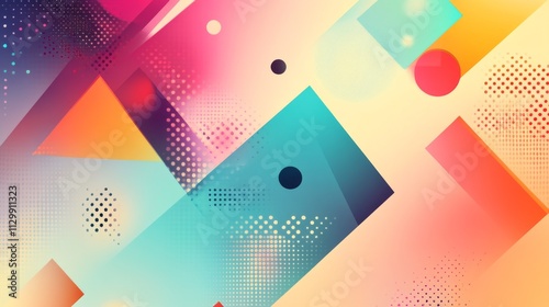 A vibrant abstract design featuring geometric shapes like triangles, circles, and squares in gradient hues of pink, orange, and teal. The dynamic composition with soft gradients and dotted textures