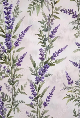 Hand-painted lavender flowers and leafy vines, artistic, delicate, hand-painted, watercolor, lavender