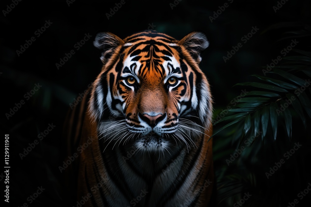 Tiger in a dark forest setting, staring directly at the camera with a powerful gaze Tiger in a dark forest setting, staring directly at the camera with a powerful gaze