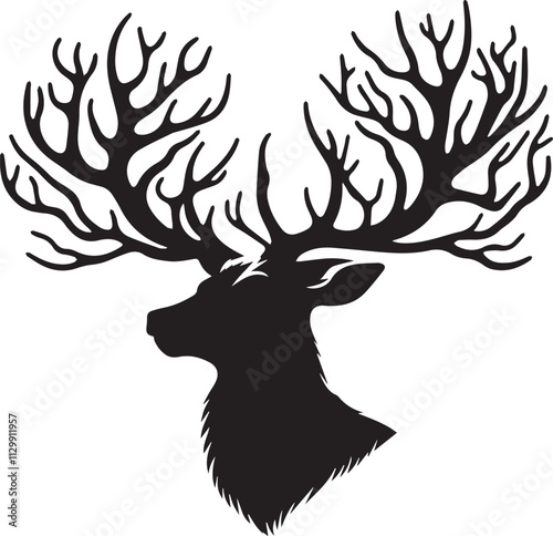 A deer head with detailed antler branching silhouette vector black