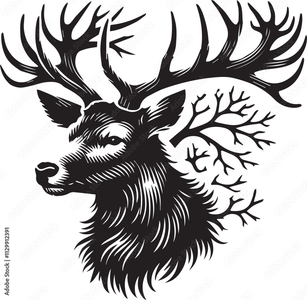 Obraz premium A deer head with detailed antler branching silhouette vector black