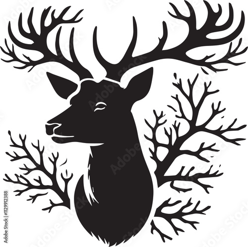 A deer head with detailed antler branching silhouette vector black