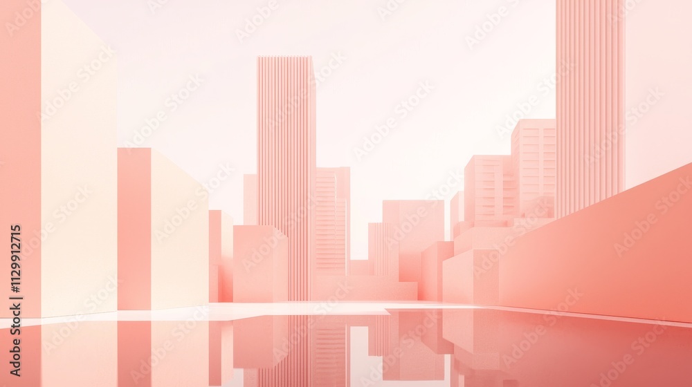 3D render of a buildings against studio background, monotone, pastel warm colour background, reflection 3D render of a buildings against studio background, monotone, pastel warm colour background, reflection