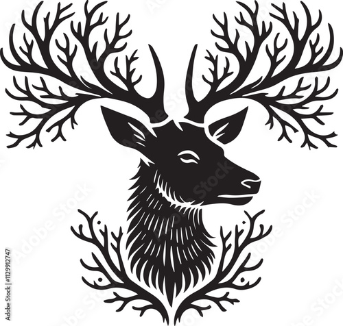 A deer head with detailed antler branching silhouette vector black