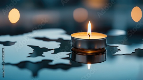 Lit tealight candle on reflective surface with abstract shadows