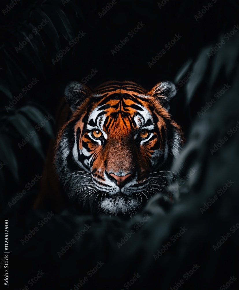 Close-up of a Bengal tiger lurking in a dark forest Close-up of a Bengal tiger lurking in a dark forest