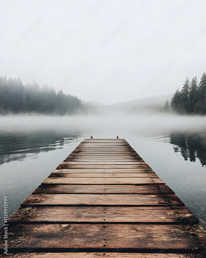 A serene wooden dock extends into a misty lake surrounded by trees, creating a tranquil atmosphere. A serene wooden dock extends into a misty lake surrounded by trees, creating a tranquil atmosphere.