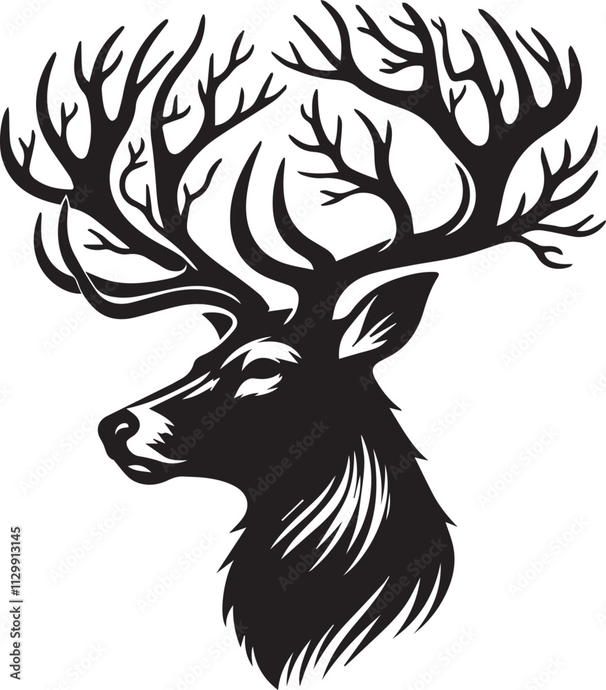 Obraz premium A deer head with detailed antler branching silhouette vector black