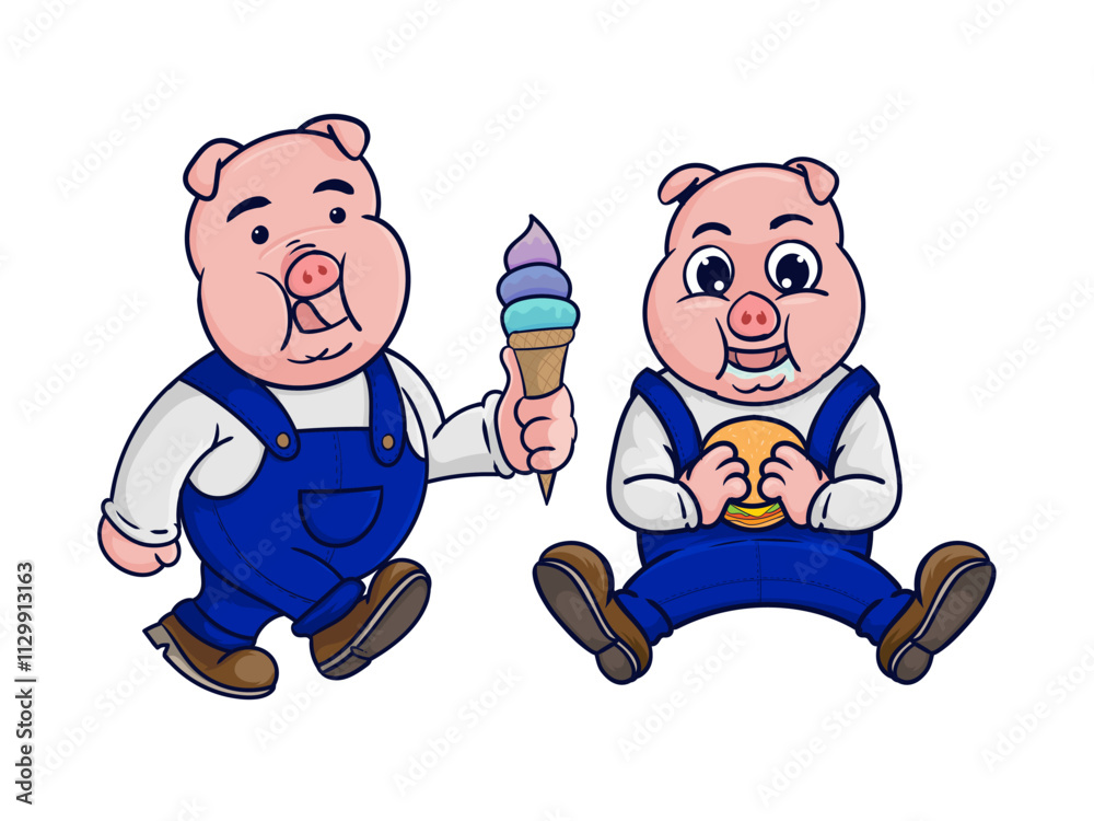 Pig eating sandwich and ice cream mascot illustration Pig eating sandwich and ice cream mascot illustration