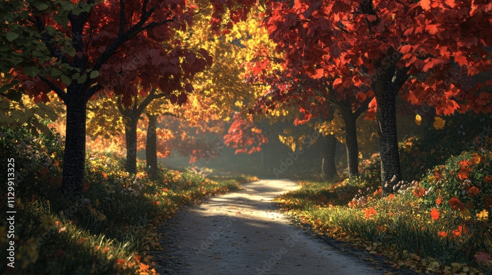 Autumnal Path: A Serene Walk Through Vibrant Fall Foliage and Golden Sunlight Autumnal Path: A Serene Walk Through Vibrant Fall Foliage and Golden Sunlight