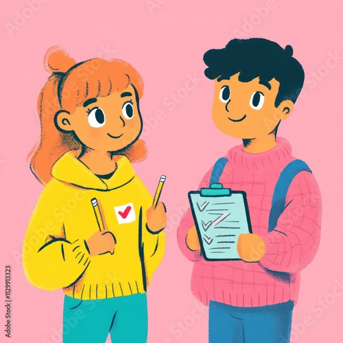 Colorful Illustration of Two Children with Checklist