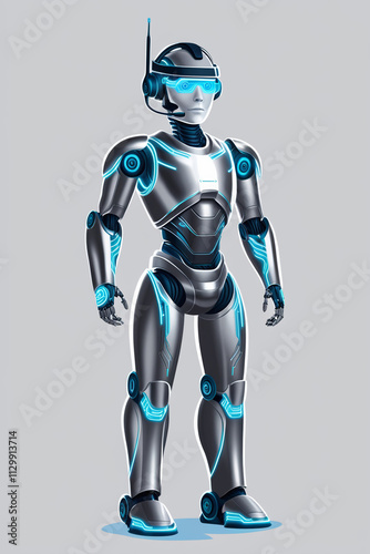 Futuristic robotic human with a digital headset, communication activity. 31