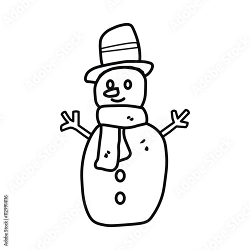 A vector icon of a snowman in a cute sketch style, depicting a cartoon object in a simple design. This illustration is isolated on a white background, perfect for winter themes