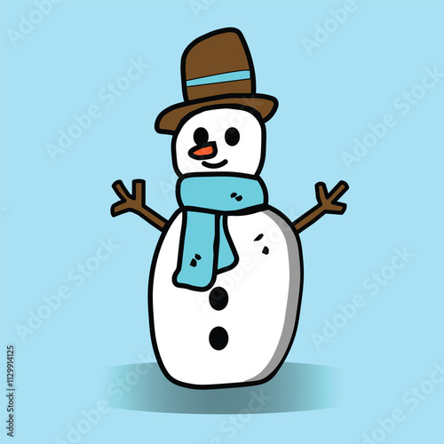 A cute snowman vector illustration with a scarf and hat, isolated on a light blue background. This flat design is cheerful and perfect for winter themes and holiday decorations