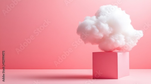 White fluffy cloud on pink box against background, minimalistic and dreamy
