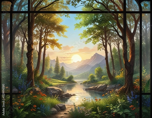 Impressionist style stained glass painting of a natural scene, rustic colours, natural scene photo