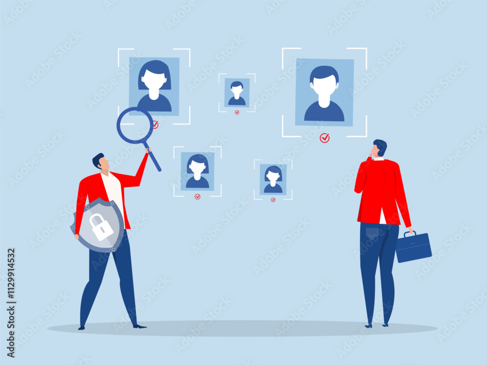 KYC or know your customer , Businessman with a shield looking at the partners-to-be through a magnifying glass.vector illustrator KYC or know your customer , Businessman with a shield looking at the partners-to-be through a magnifying glass.vector illustrator