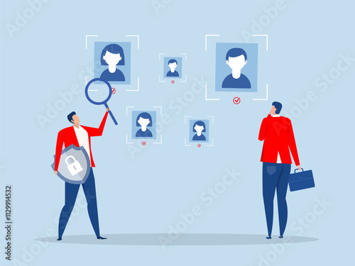KYC or know your customer , Businessman with a shield looking at the partners-to-be through a magnifying glass.vector illustrator