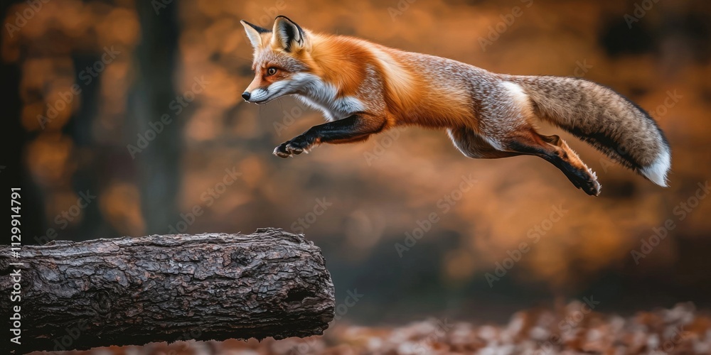 Obraz premium Red Fox Leaping over Log in Autumn Forest Wildlife Photography