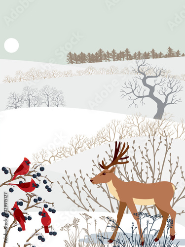vector drawing winter landscapes with nothern cardinal birds, deer, snow, sun and trees, hand drawn illustration