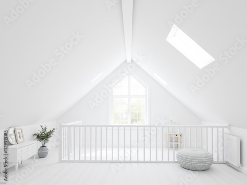 Loft mezzanine bedroom with Scandinavian minimalist design, white classic interior, airy and spacious, design, white