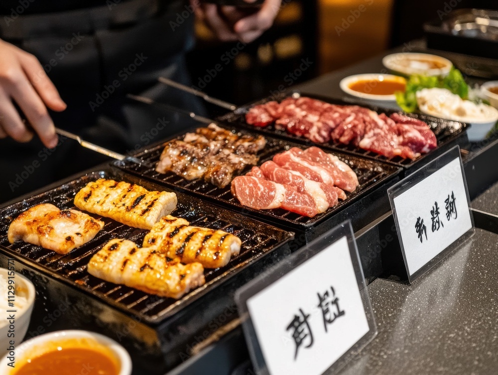 Interactive yakiniku dining table setup with grilled meats and dipping sauces cozy restaurant environment close-up view Interactive yakiniku dining table setup with grilled meats and dipping sauces cozy restaurant environment close-up view